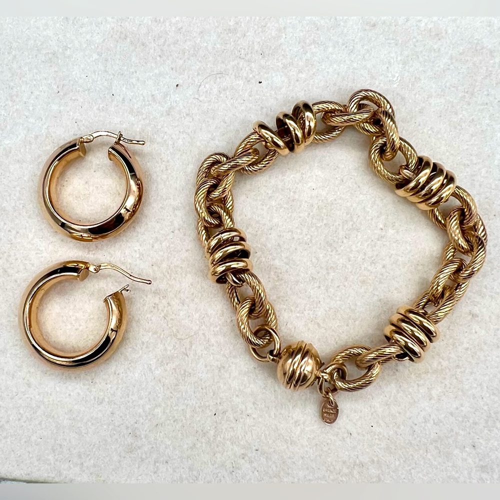 Milor Italy Bronze Chunky Rings Bracelet And Hoop Earrings. Signed